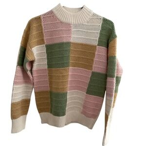 Free People Patchwork Pointelle Mock Neck Sweater XS Colorblock Cream Pink Green